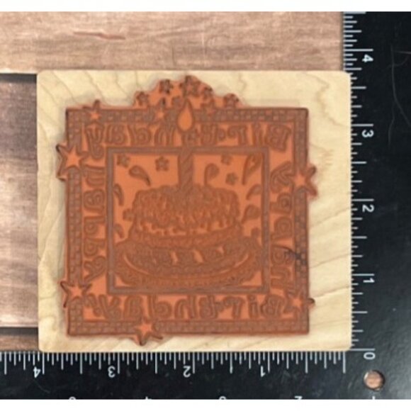 PSX K-1337 HAPPY BIRTHDAY CAKE WOOD MOUNTED RUBBER STAMP HEARTS STARS - Picture 3 of 4